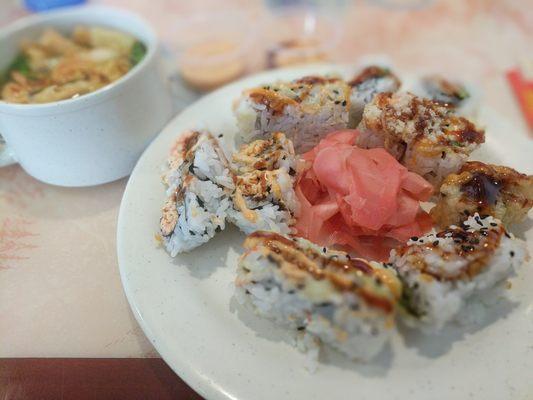 Sushi, ginger, wonton soup