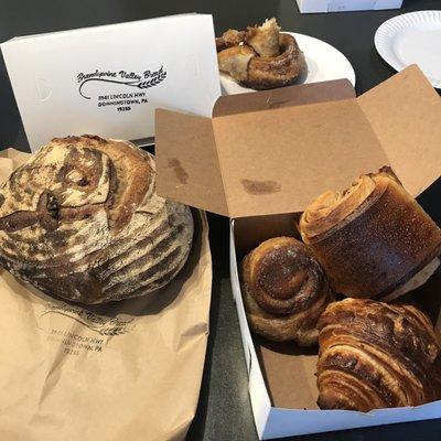 Olive loaf, morning bun, croissant, and pain au chocolat.