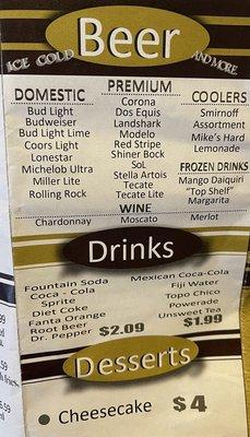 Beer and drink menu