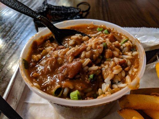 Closeup of the red beans and rice.