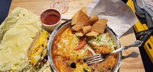 Cheese enchilada, hard shell chicken taco plate.