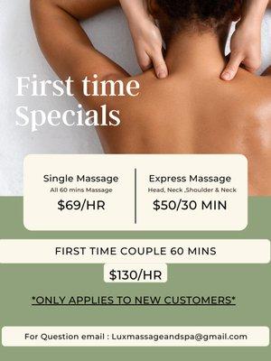 Special First time Visit will All massage service