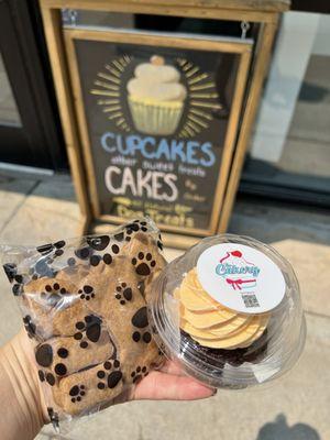 Dog treats and a vegan chocolate cupcake