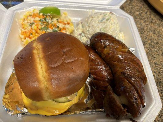 Amazing Smoked Brisket Cheese Burger, Craft Sausage, Street Corn, and Loaded Potato Salad for the win!