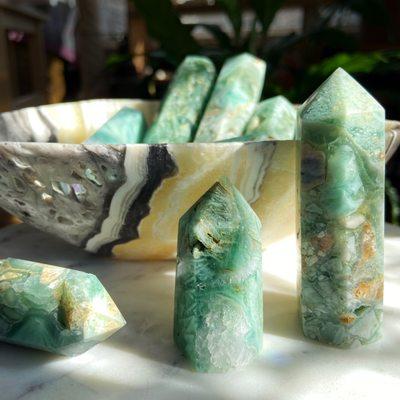 Silky Green Fluorite Towers at Dreaming Goddess