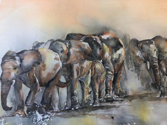 Herd of Elephants Watercolor