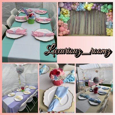 Pastel color birthday party! Event design, balloon garland, tablescaping, floral arrangements, charger plates, linens etc.