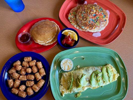 Oh Pebbles! with Tater Tots Veggie Omelette with Fruit Cup and Pancake