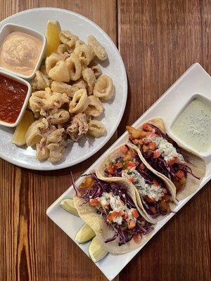 Calamari Fritti and Fish Tacos