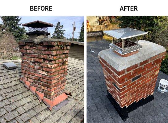 Before and after of a partial chimney rebuild down to the attic and back up.