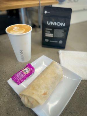 Bacon Breakfast Burrito & Hazelnut Latte