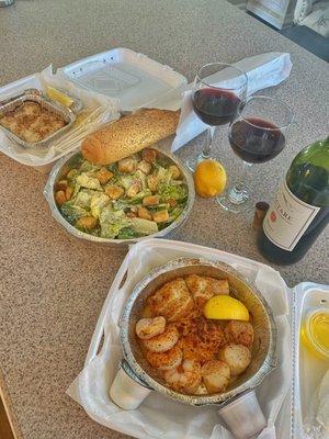 Captains broiled special, Caesar salad, broiled scallops and our favorite Italian bread