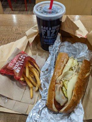 Meatball sub midnight snack with a sweet tea and fries