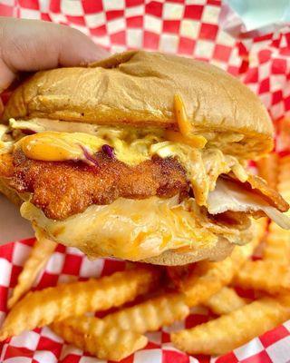 Yardbird sandwich with krinkle cut fries