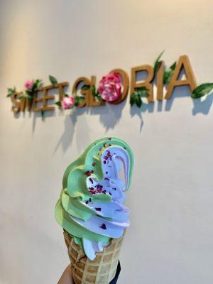 Matcha lychee rose swirl soft serve ice cream cone