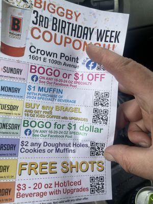 Coupons for their 3rd birthday. Happy bday biggby coffee!