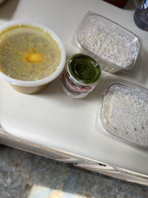 Plain Basmati Rice + Dal Soup + tamarind & green chutneys + achaar (I think)