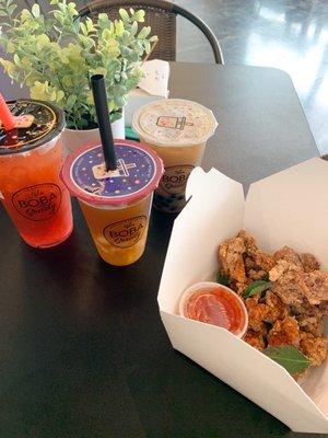 Strawberry mango tea w/ strawberry jelly, mango passion fruit tea w/ logan, oolong milk tea w/ tapioca, L Taiwanese chicken