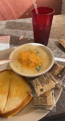 Broccoli and cheese soup special with a grilled cheese