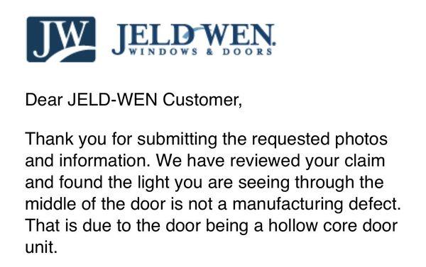 Proof email from door maker Home Depot installed interior hollowcore interior doors as exterior doors.