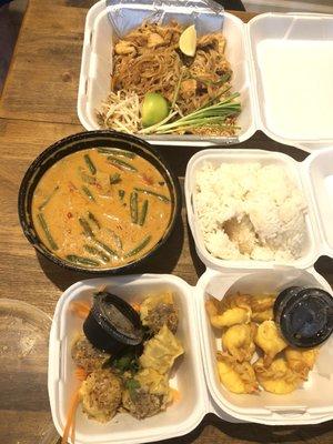 Mild Pad Thai (chicken), Medium Red Curry (shrimp), Crab Rangoon, Thai Dumpling