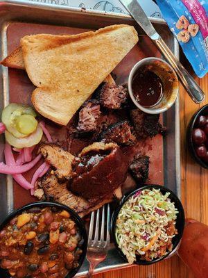 Burnt ends, brisket, broccoli-bacon slaw, baked beans