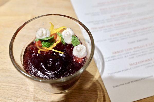 JORA - Mazamorra Morada - Peruvian purple corn pudding, pineapple, cranberries, mint, citrus zest