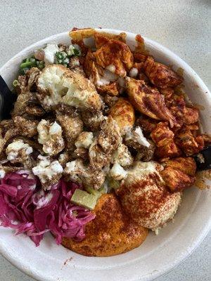 Veggie bowl with added harissa chicken.