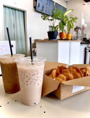 Vietnamese iced coffee, almond milk tea, taiyaki