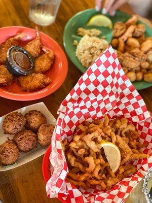 Coconut Shrimp, Fried Clam Strips, Fried Cod Nuggets & Shrimp, Homemade Hushpuppies