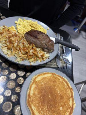 Steak and eggs, table pancake