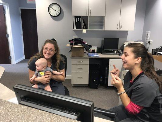 Piper mingling with the staff