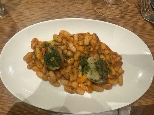 Pesto Seared Scallop, cannellini beans