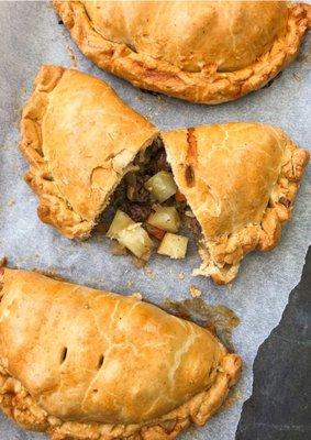 Traditional Pasty with Beef, Potatoes, Carrots, Onions, and Rutabega.