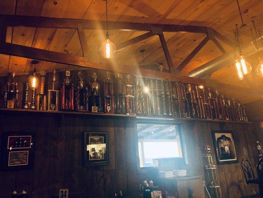 A few of the BBQ trophies at Hog Tide.