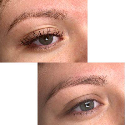 Eyelash extensions of an individual set before and after photos. Fills needed every 3-4 weeks