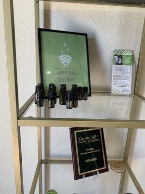 Essential oils on display (not sure if they're for sale or just to start a conversation about their uses)