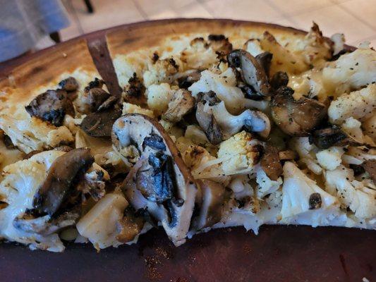 Roasted Cauliflower pizza on gluten free crust with added shrooms