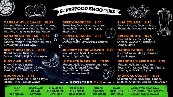 Superfood Smoothies Menu