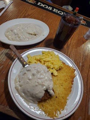 Chicken Fried Chicken,2 eggs, biscuits and gravy with crisp hashbrowns.