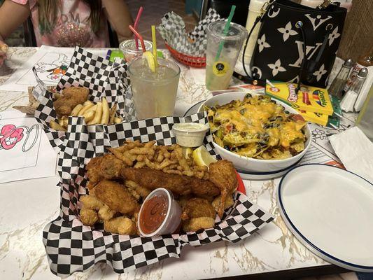 Captains basket, kids chicken strip basket, and nachos.