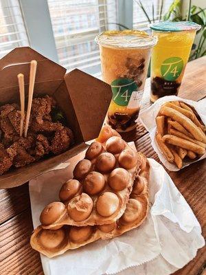 Felt snacky! DoorDash delivery! Basil Popcorn Chicken, Egg Puff, French Fries, Lychee Smoothie and Jasmine Green Tea.