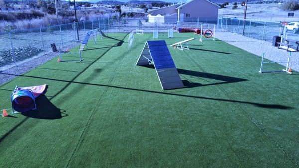 Our beautiful agility field at Hound Haven in Edgewood.  We have the only artificial turf agility training field in NM!