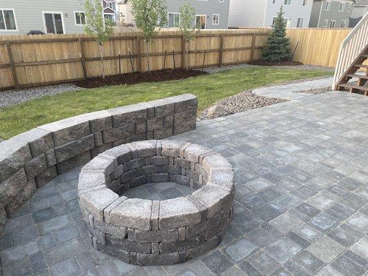 Brand new Fire pit and 4 of 5 newly planted trees