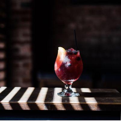 Pike Pole Bourbon Sangria fresh Maine blueberries and on tap with Prosecco topper.