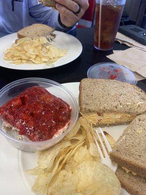 Pimento sandwich with strawberry pretzel salad and fat is chicken salad sandwich