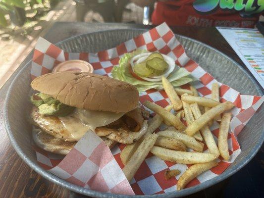 Chicken with avocado burger and fries!