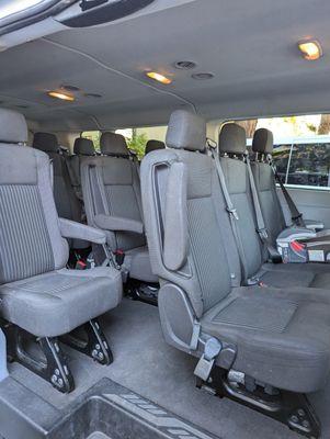 Our vans have enough room for your child to be safe. With boosters and car seats. Seatbelts also get checked daily.