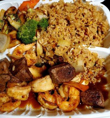 Hibachi Steak and Shrimp with Fried Rice and Veggies. Very good!