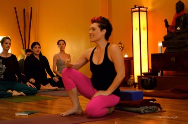 Leading an all levels practice at dharma yoga